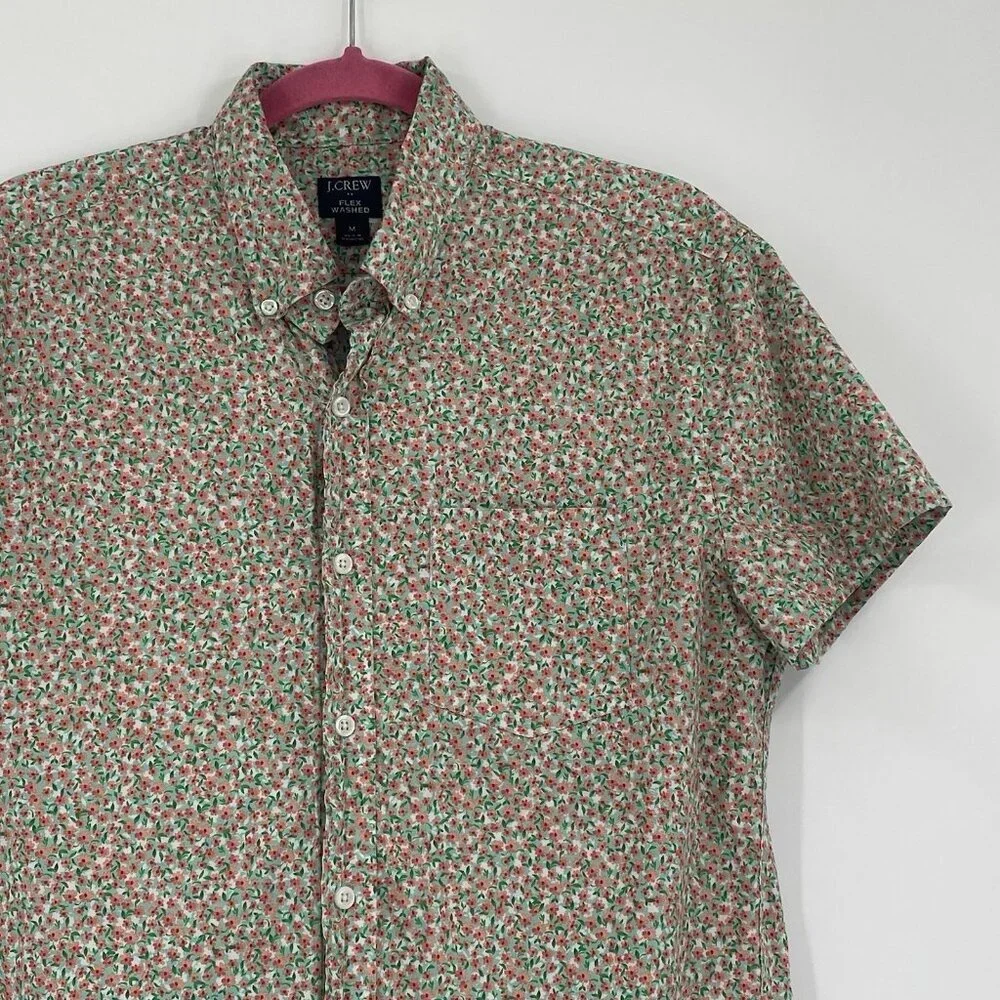 J.Crew Men's Size M Green Flex Wash Floral Print Button Front Shirt Short Sleeve